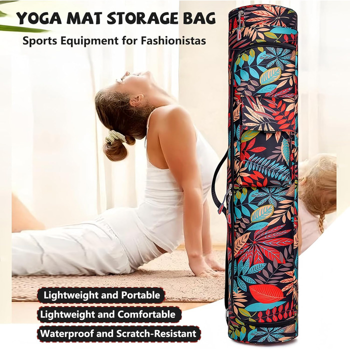 Сумка для йога-мату Yogatasche (червоні листки), спортивна сумка для жінок з відділенням для мокрого одягу та кишенею для пляшки, регульований ремінь, 75x19 см