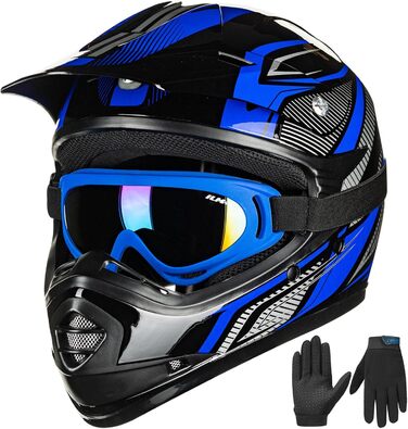 Дитячий мотоциклетний шолом ILM Motocross з окулярами та рукавичками, ECE сертифікований (S, Синій/Срібний)