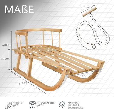 Дитячі санчата Kinderschlitten 90 см з підніжкою - дерев'яні санчата з масивного буку - санчата Davoser з мотузкою та ручкою, міцні, з легкими сталевими чіпками