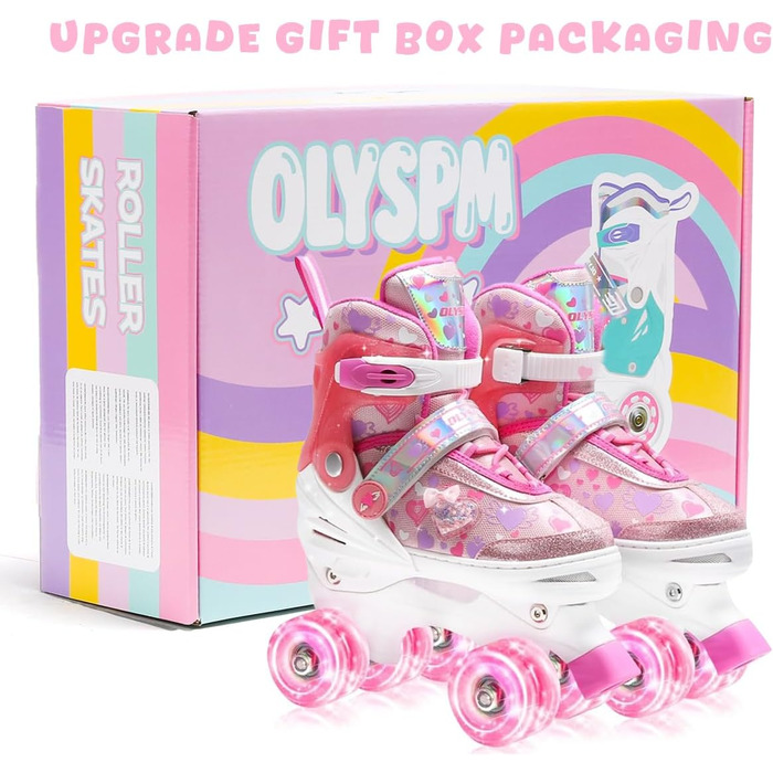 Роликові ковзани для дівчаток з блискучими сердечками та світлодіодними колесами, 4-разово регульовані, ролики для дітей-початківців, ідеальний подарунок на день народження або Різдво (S, Рожевий)