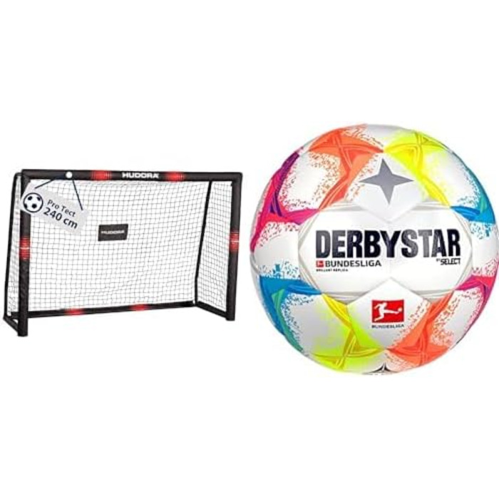 Футбольні ворота HUDORA Pro Tect 240x160 см для дітей та дорослих + м'яч Derbystar Brillant, мультиколор, розмір 5, для саду та вулиці