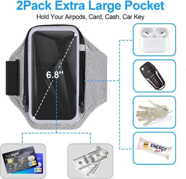 Спортивний браслет для телефону з кишенею для навушників, чохол для телефону для бігу 6.9 дюймів, кріплення на руку для iPhone 17 16 15, спортивний браслет, знімний тримач для телефону, для джоггінгу (світло-сірий)