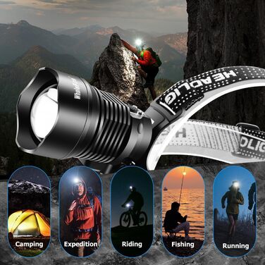 LED налобний ліхтар WholeFire XHP90 з 3 режимами, 15000 люменів, USB, водонепроникний, з регулюванням фокусу, потужний, для кемпінгу, бігу та іншого