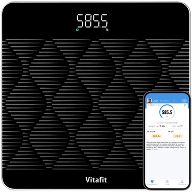 Ваги підлогові Vitafit 300 кг, чорні: цифровий BMI, Bluetooth, скло 8 мм, LED-дисплей