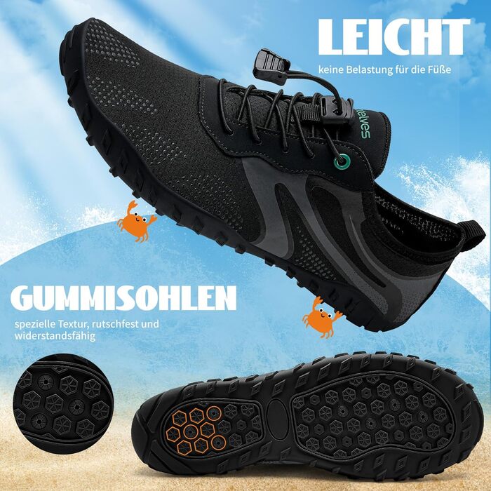 Водні черевики WateLves: для плавання, серфінгу та відпочинку на пляжі. Швидка сушка, розміри 36-48 EU, чорний колір