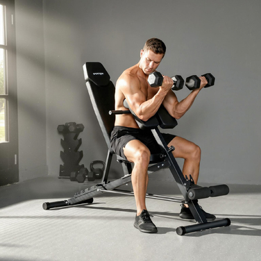 Регульована лава для жиму з багатофункціональністю, з нахиленою та плоскою поверхнею, спинка з 6 рівнями нахилу та сидіння з 3 рівнями регулювання, чорного кольору.