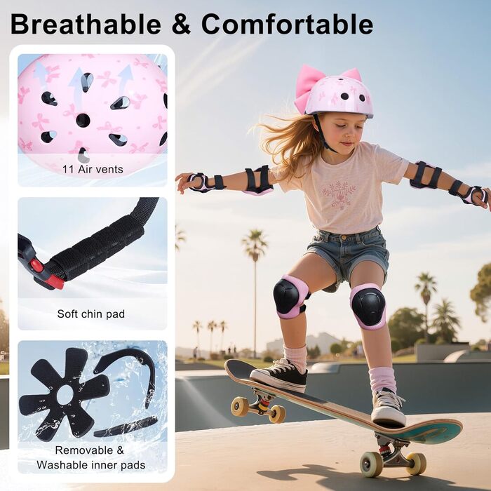 Дитячий шлем для велосипеда та роликів з захисним комплектом для дівчаток 8-14 років, рожевий, розмір M (52-58 см)