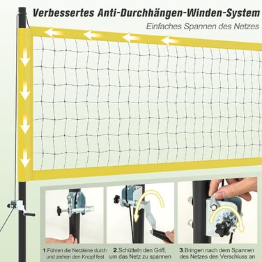 Волейбольна сітка COSTWAY Outdoor, 9,5 x 1 м, регульована висота, з підставкою, насос, молоток та сумка, для саду, пляжу, двору (жовта)