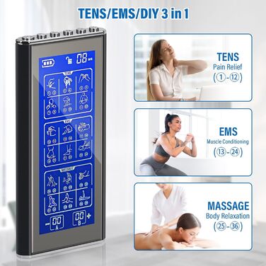 Пристрій TENS/EMS для зняття болю: 3-в-1 Reizstromgerät з 36 режимами, електрична стимуляція нервів, 2 канали, 10 електродів для рук, ніг, спини, плечей (чорний)