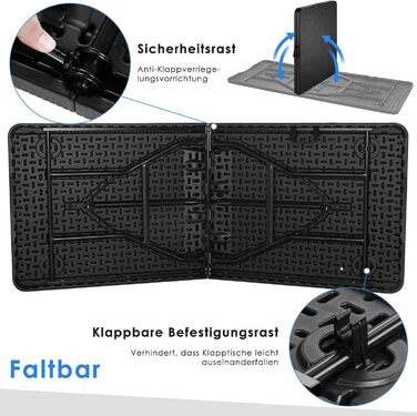 Складний садовий стіл LIFERUN 180x75 см, сірий, до 10 осіб - для тераси, балкону, кемпінгу, з ручкою для перенесення, імітація ротанга, до 150 кг