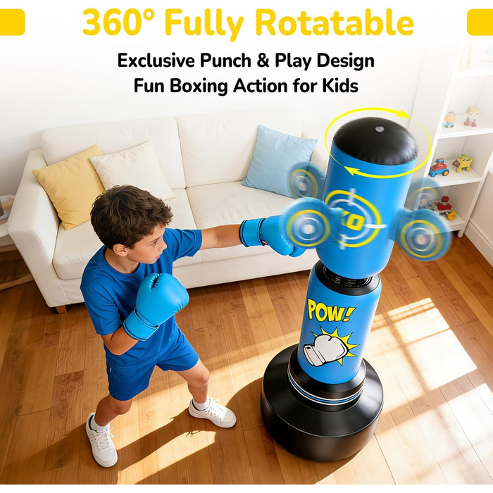 Дитячий боксерський мішок на 360° з підставкою 165 см, комплект з боксерськими рукавичками та електричним насосом, для дітей 6-14 років, ідеальний подарунок для карате