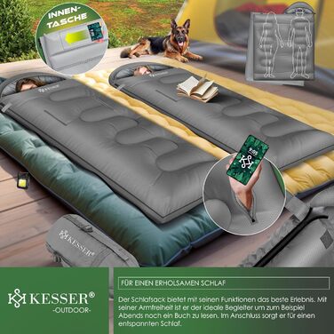 Сплячий мішок KESSER® Outdoor | Декальний спальний мішок 3-4 сезони | Для дорослих та дітей | Легкий, теплий, водостійкий | З лампою та кишенею (Сірий, 220 x 83 см)