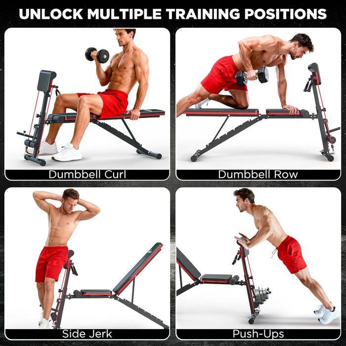 Складана тренажерна лава для дому з жимовою лавою, розгиначем ніг та подушкою Preacher Curl, римський стул, тренажер спини, вантажопідйомність 350 кг, для силових тренувань, домашній спортзал, комплексне тренування