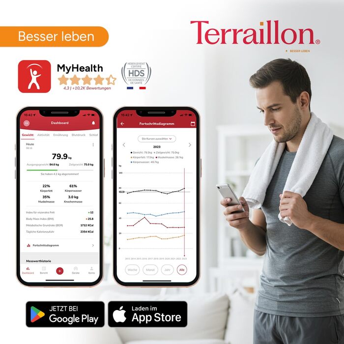 Інтелектуальна вага TERRAILLON WEIGHT CONNECT з Bluetooth, аналіз складу тіла (жир, м'язи, вода, кістки), BMI, ємність 180 кг, шкала 50 г, LED-дисплей, скляна платформа, чорний колір