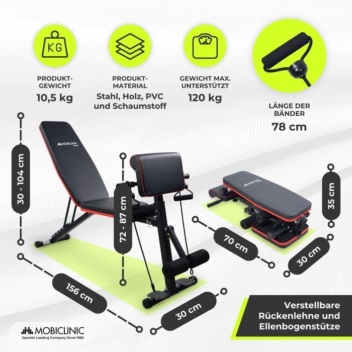 Mobiclinic Складана універсальна лавка для жиму зі штангою, з регульованим нахилом, опором-стрічками, колесами, до 120 кг, для домашнього фітнесу