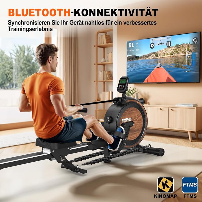 Домашній гребний тренажер MettleMatic, складаний, Bluetooth, 16 рівнів навантаження, великий підсвічуваний дисплей