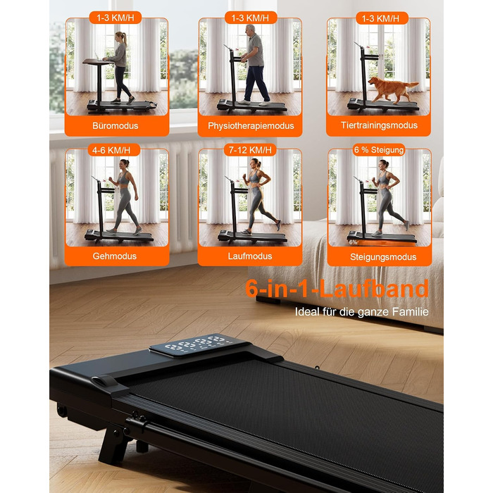 Складана бігова доріжка MJWW Raceable Walking Pad з нахилом 6-9%, 3.0 HP, керування через додаток, AI-тренування, LED-дисплей, для дому та офісу (Чорна, 95 см)