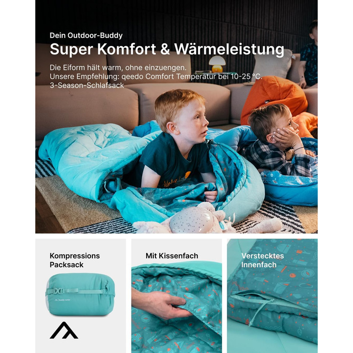 Спальник дитячий Qeedo Buddy Junior Camping 3 сезони (10-25°C) для хлопчиків та дівчаток до 140 см / 10 років Turtlemint