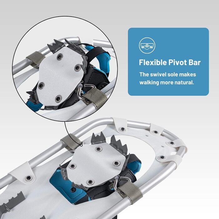 Снігоступи G2 21/25/30/36 дюймів, легкі, з захистом пальців, EVA-підкладкою, регульованою фіксацією, підйомкою п'ятки, гнучким шарніром, міцним ремінцем, трекінговими палками, сумкою для перенесення, сніговими ковпаками (5 кольорів). Підходять для ваги до 200lbs (25 дюймів) та до 250lbs (30 дюймів).