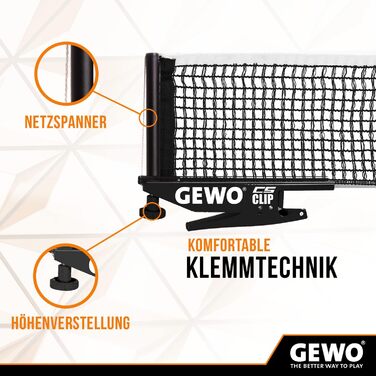 GEWO CS Clip сітка для настільного тенісу, металева, з регулюванням висоти, міцна чорна сітка 152,5 см