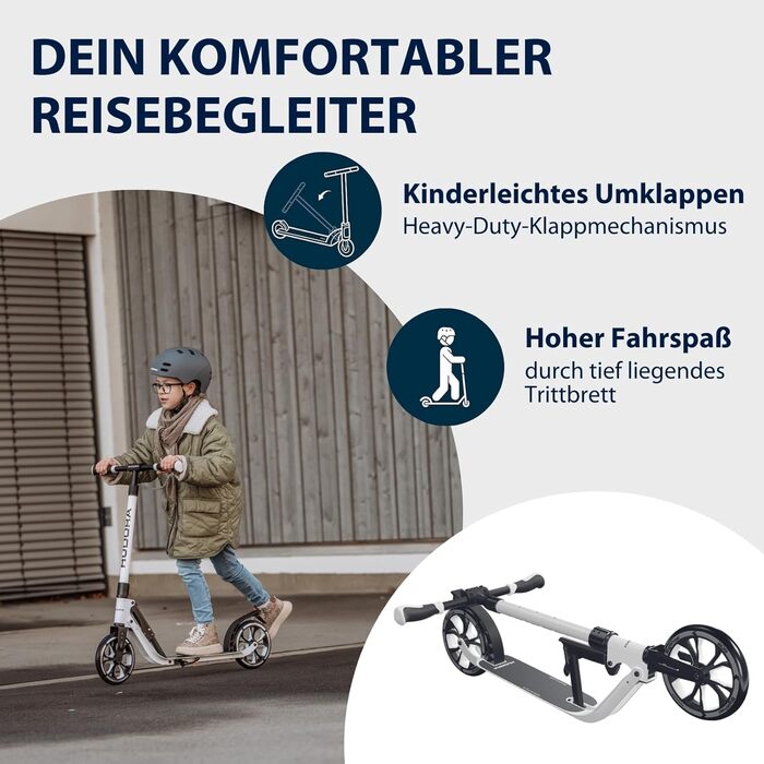 HUDORA BigWheel® Advanced Scooter: Комфортний алюмінієвий самокат для ваги до 100 кг - регульована висота та складаний дизайн. Підходить для дітей, підлітків та дорослих (205, чорний/білий)