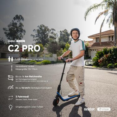 Електросамокат Segway-Ninebot C2 Pro E для дітей і підлітків, 3 режими, швидкість до 16 км/год, запас ходу 17 км