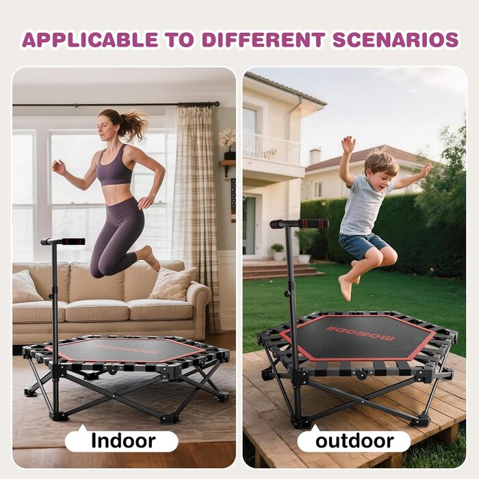 MOMODA Складний батут для фітнесу в приміщенні з ручкою, діаметр 106 см, червоний, для дітей та дорослих