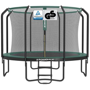 Батут SONGMICS для дітей на відкритому повітрі, Ø 244/305/366/427 см, круглий, з сіткою безпеки та сходами, захисним бордюром, посилене металеве обрамлення. Доступні розміри: 244, 305, 366, 427 см. Колір: чорний + темно-зелений