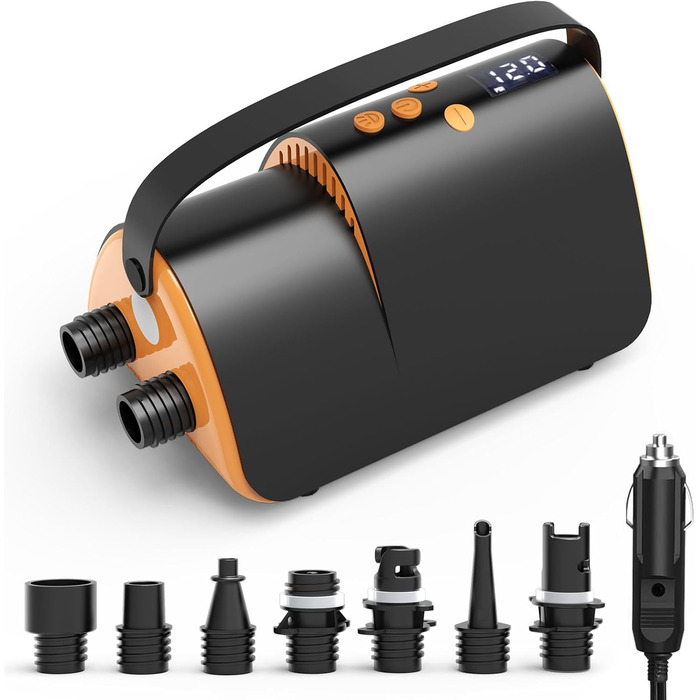 Електричний насос Accwork 20PSI з LED-дисплеєм – 12V насос для SUP, човнів, матраців. 7 насадок, швидке надування, автовимкнення