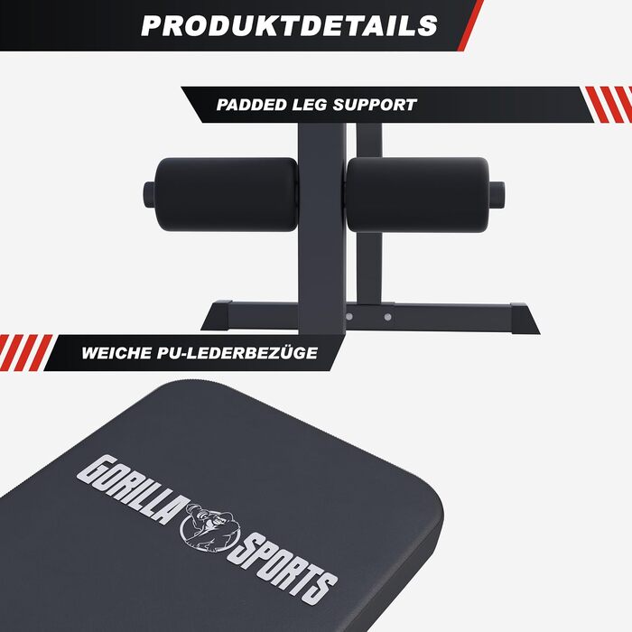 Тренажер для преса та спини GORILLA SPORTS® (скамья для скручиваний), 120x67x49–63 см, сталевий каркас, фіксація ніг, до 150 кг