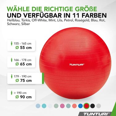 Фітбол Tunturi Anti-Burst з насосом: фітнес-м'яч для йоги, пілатесу та вагітних, 65 см, 220 кг, з додатком, червоний