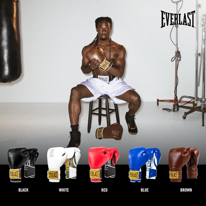 Боксерські рукавички Everlast 1910 Classic з натуральної шкіри, для тренувань з мішком та лапами, на липучці, потрійна амортизація, ергономічна ручка, оригінальні чорні Everlast 12OZ