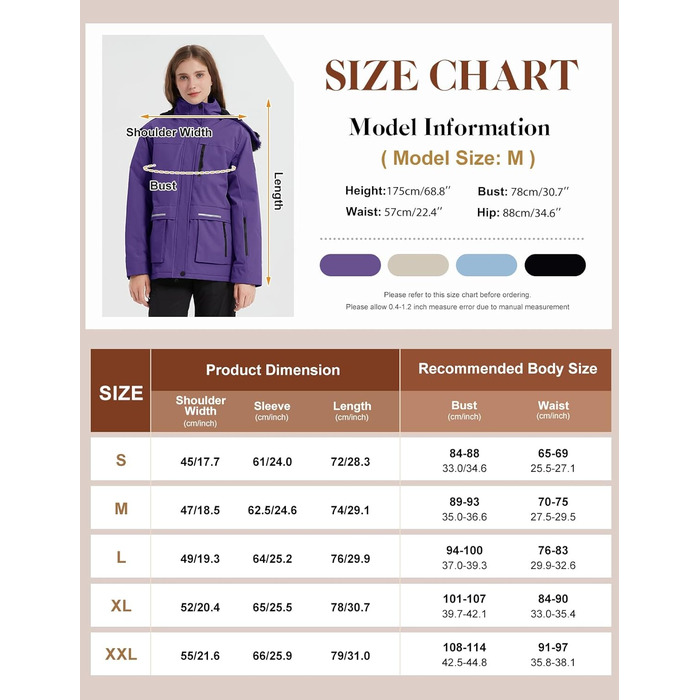 Водонепроникна зимова куртка Voqeen для сноубордингу та лижного спорту з флісовою підкладкою, відстібається капюшон, фіолетовий (L)