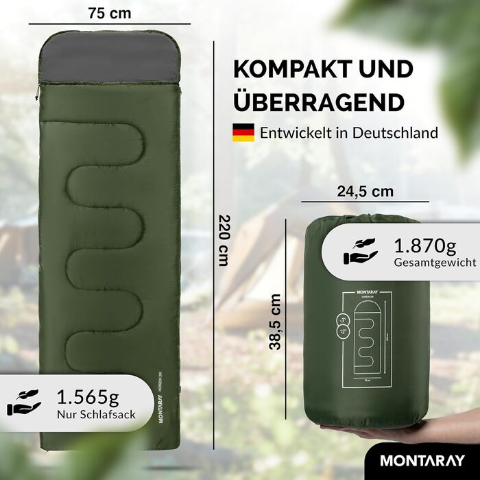 Спальний мішок для кемпінгу з капюшоном до -3°C з подушкою - зимовий та літній спальний мішок на 3-4 сезони (75 x 220 см) - для жінок та чоловіків (теплий) Зелений 280GSM