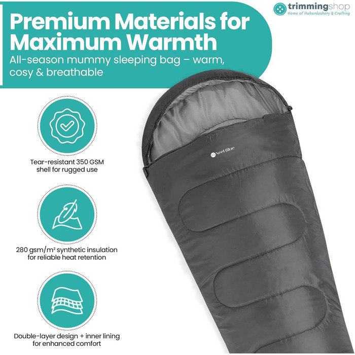 Спальний мішок Mumienschlafsack для дорослих - легкий, компактний, водонепроникний, з капюшоном, 220x85 см - теплий, пральний, для кемпінгу, піших прогулянок, подорожей (сірий)