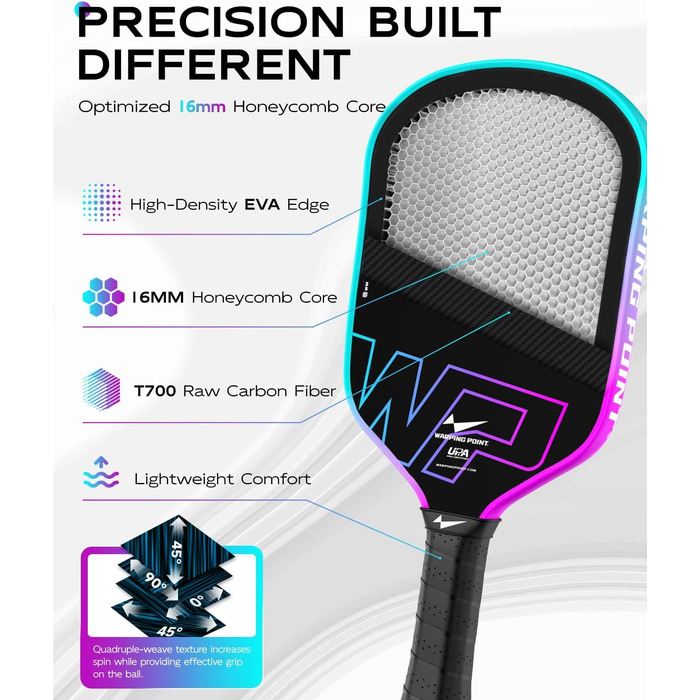 Ракетка для піклболу Warping Point Neon Gen 3, вуглецеве волокно T700, 16 мм EdgeFusion Core, термоформована рама, UPA-схвалено, синьо-фіолетовий градієнт