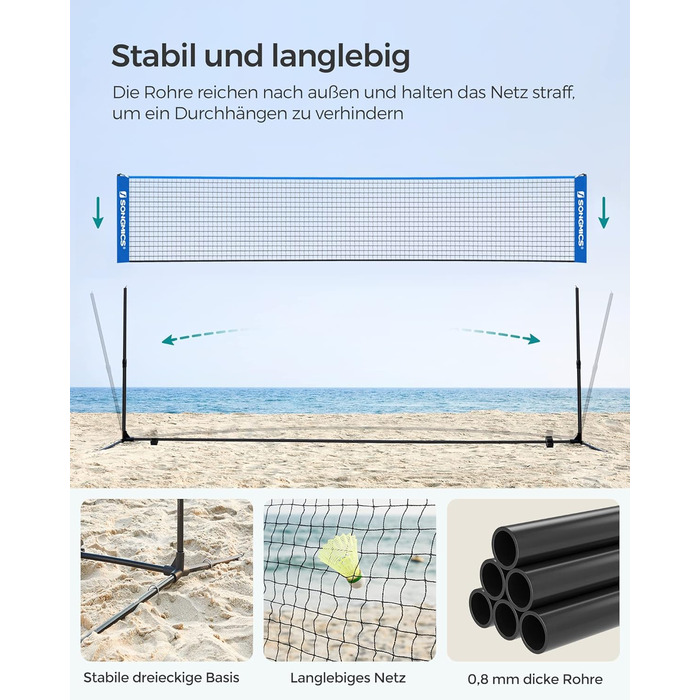 SONGMICS Сітка для бадмінтону/волейболу, регульована висота, переносний набір (300/400/500 см, блакитна)