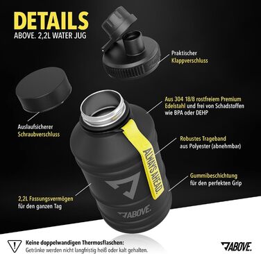 Пляшка для води з нержавіючої сталі ABOVE 1.3L/2.2L, BPA FREE, герметична, спортивна, з додатковою кришкою, чорна-жовта
