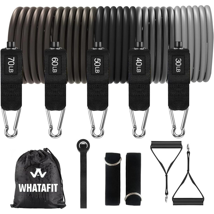 Набір еластичних стрічок WHATAFIT для фітнесу з анкерами, ручками та сумкою. Ідеально для силових тренувань, реабілітації та домашніх занять. Колір: темно-сірий