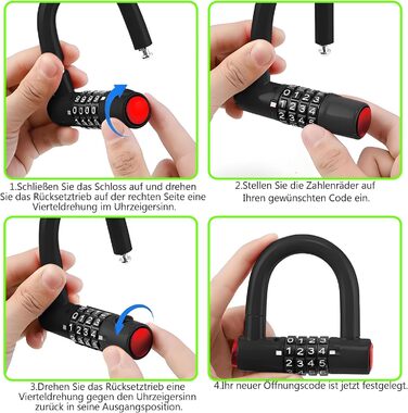 Замок для велосипеда комбінований (4 цифри) - сталевий U-Lock, захист від крадіжки, вологостійкий, з чохлом. Підходить для електровелосипедів, гірських велосипедів, міських велосипедів