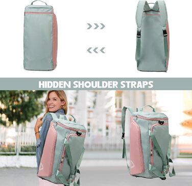 Спортивна сумка для жінок 45L з відділенням для взуття, мокрою сумкою, водонепроникна, для подорожей, спортзалу, басейну. Сумка-рюкзак для фітнесу, спорту, подорожей. Зелена/Рожева.