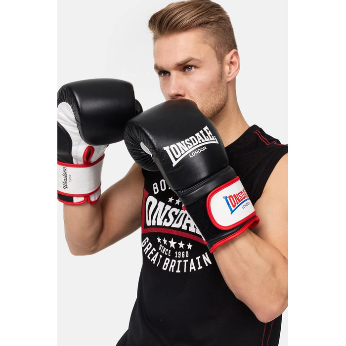Боксерські рукавички Lonsdale WINSTONE шкіряні, чорні/білі/червоні, 14 унцій