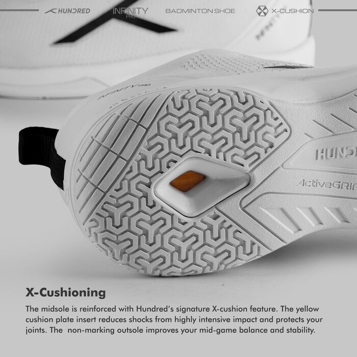 Бадмінтонне взуття HUNDRED Infinity Pro - професійне, не залишає слідів | Чоловіче | Матеріал: поліестер/сітка | Підходить для бадмінтону, тенісу, сквошу, настільного тенісу, баскетболу та падел-тенісу (Білий/Чорний, 44 EU)