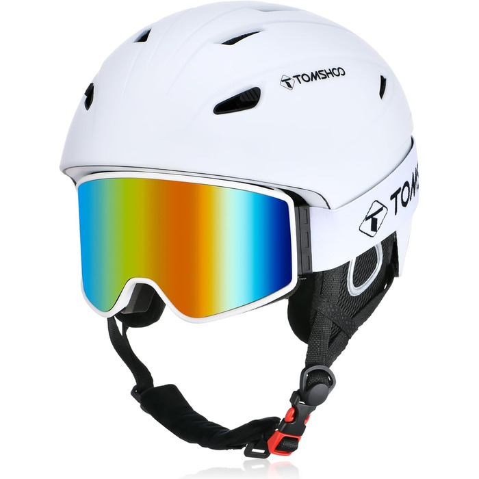 Шолом для сноуборду та лиж TOSHOO з візором та навушниками, вентиляційні отвори, міцний, теплий та дихаючий, для чоловіків (білий з маскою, L)