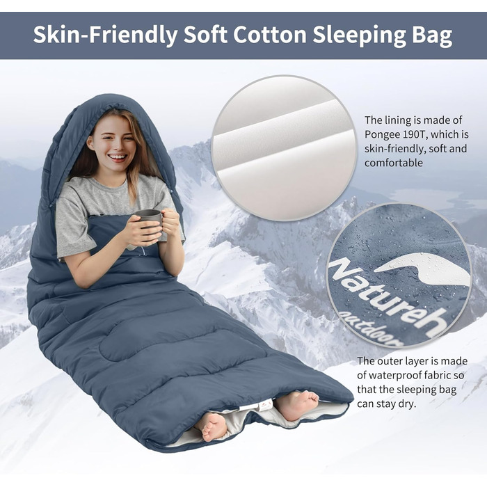 Спальний мішок Naturehike з капюшоном, ковдровий, для кемпінгу, легкий та зручний, ідеальний для подорожей та активного відпочинку на природі, Marineblau-rechts (11°C)
