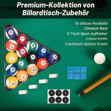Повний набір аксесуарів для більярда Pool: кулі (57,2 мм), трикутник, крейда та запасні наконечники для дому, бару та клубів