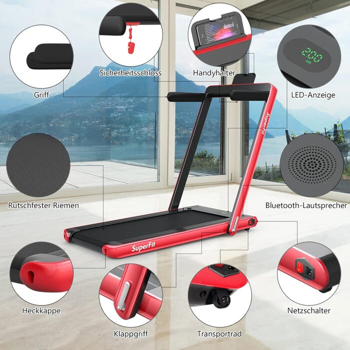 Бігова доріжка COSTWAY 2-в-1, складана, 2,25 к.с., з APP, Bluetooth, пультом, 1-12 км/год, під стіл, для дому, червона