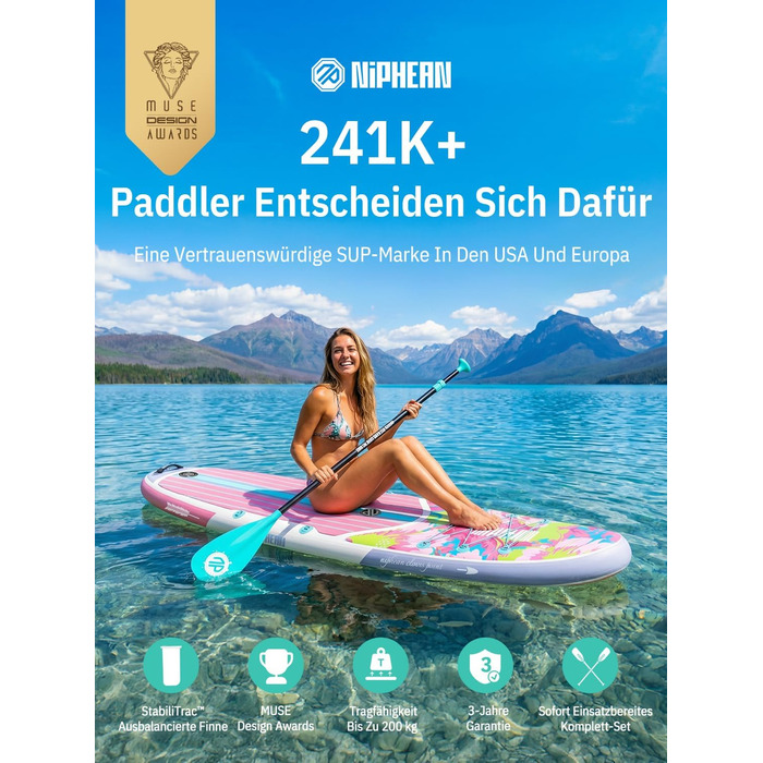 Надувне SUP-борд Niphean Stand Up Paddle Board з сидінням та аксесуарами, 320 см, для всіх рівнів, вантажопідйомність 200 кг (2 особи), Floral Symphony з StabilTrac-фіном