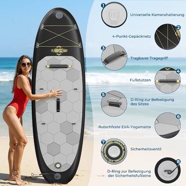 Надувний SUP борд Devoko 320x80x15 см з аксесуарами (2-в-1: SUP та каяк), для серфінгу, риболовлі, йоги, чорний