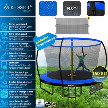Трамплін KESSER® Ø 244/305/366/427 см з сіткою | Сертифікат TÜV Rheinland GS | Дитячий трамплін для саду, до 150 кг